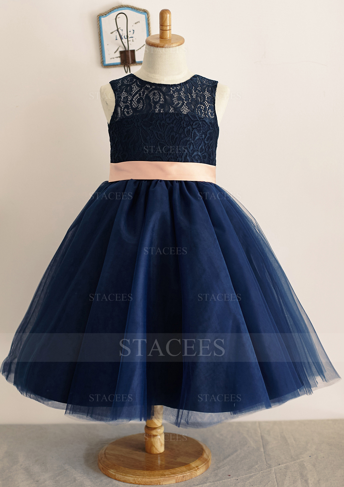 Bleu Royal Trapèze/Princesse scoop longueur genou dentelle tulle robe de fille de fleur - STACEES